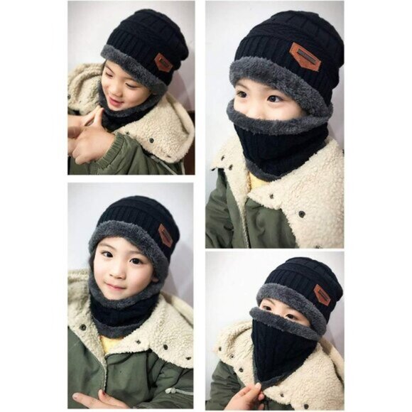 🆕Kids Black Knit Beanie Cap Winter Hat Warm Soft Fleece Lining Thread Scarf Set - Picture 2 of 5